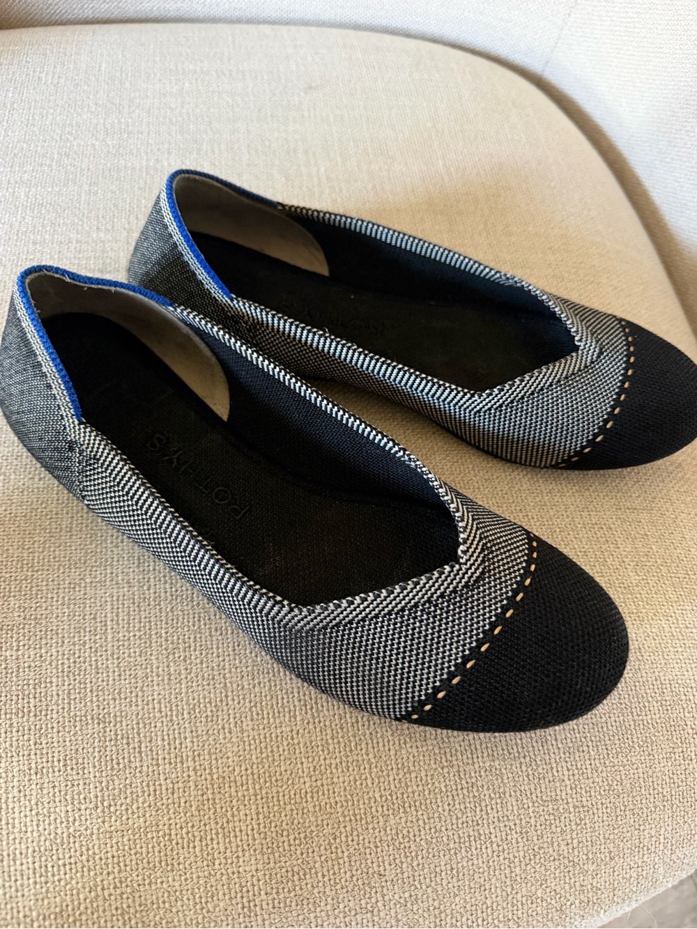 Rothy's Black & Gray Knit Ballet Flats with Blue Heel Trim